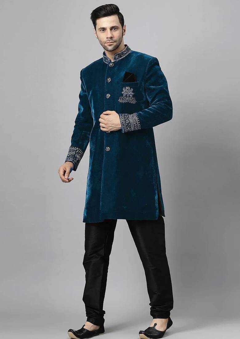 Blue indo velvet sherwani for mens