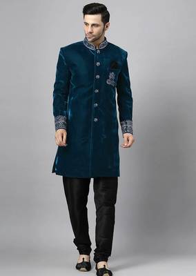 Blue indo velvet sherwani for mens 2