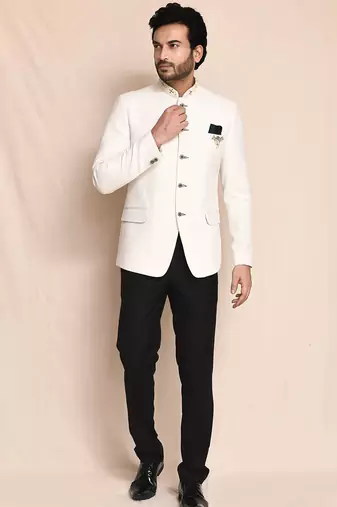 Cream bandhgala black pant for men's