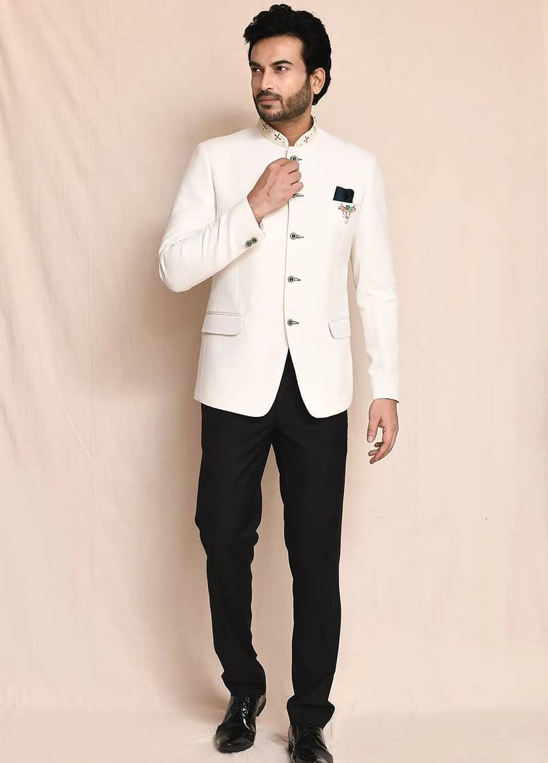 Cream bandhgala black pant for men's