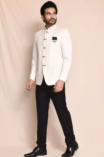 Cream bandhgala black pant for men's
