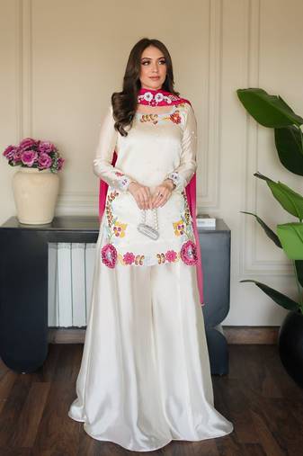 Embroidered Roman Glass Silk Straight Kurta Sharara and Dupatta Set