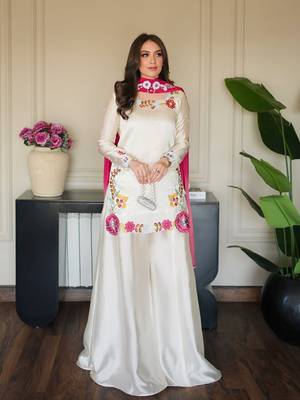 Embroidered Roman Glass Silk Straight Kurta Sharara and Dupatta Set 1