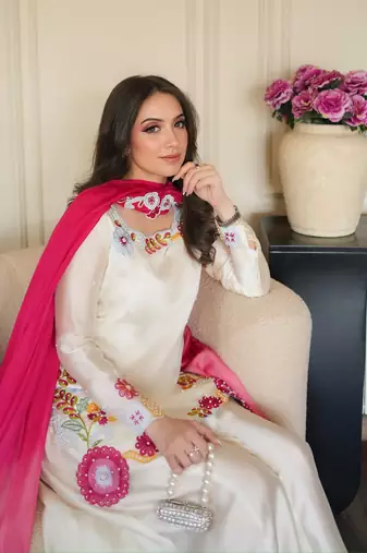 Embroidered Roman Glass Silk Straight Kurta Sharara and Dupatta Set
