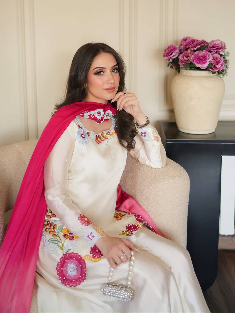 Embroidered Roman Glass Silk Straight Kurta Sharara and Dupatta Set