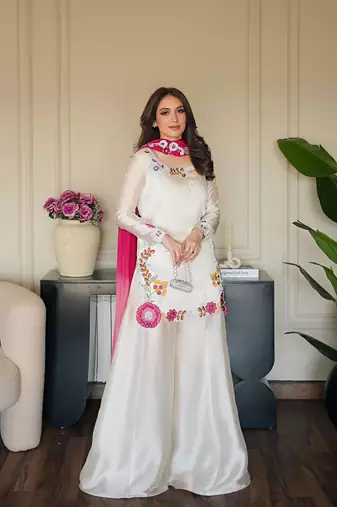 Embroidered Roman Glass Silk Straight Kurta Sharara and Dupatta Set