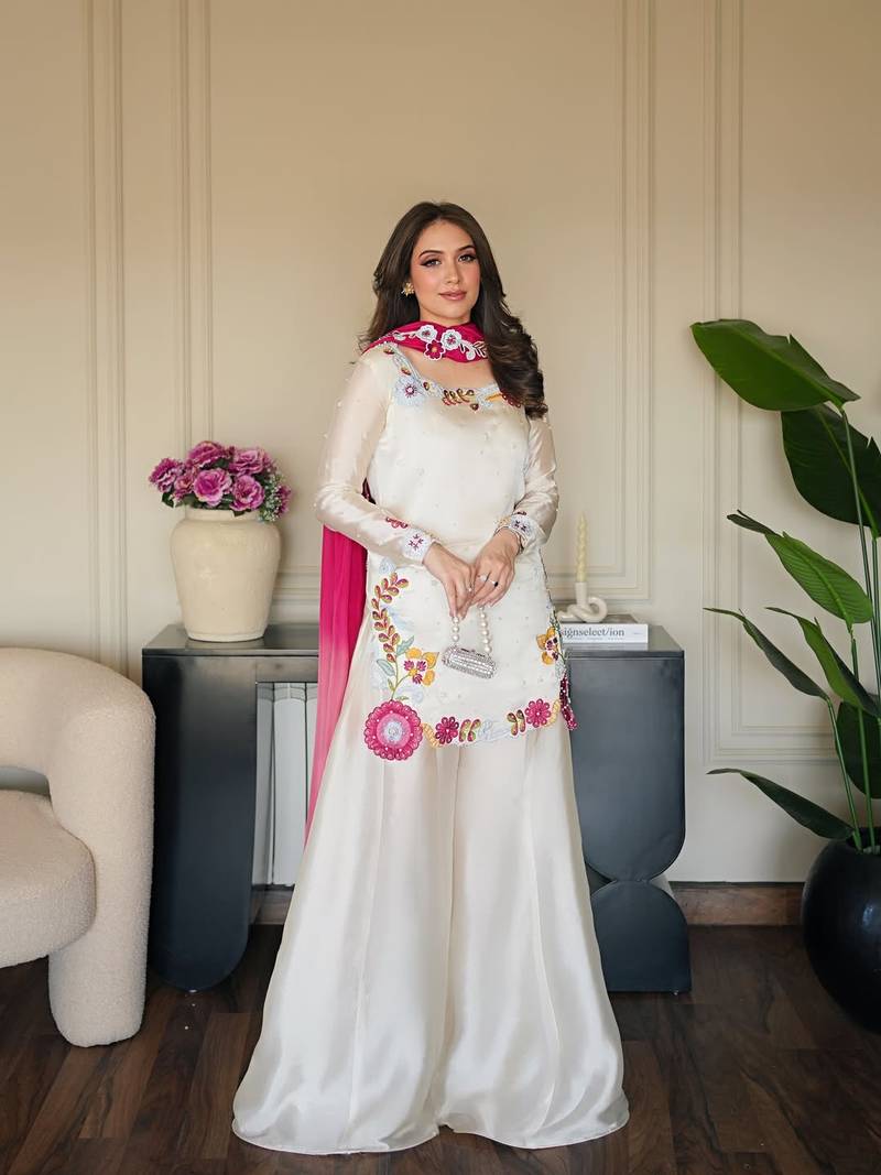 Embroidered Roman Glass Silk Straight Kurta Sharara and Dupatta Set