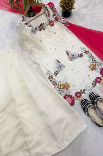 Embroidered Roman Glass Silk Straight Kurta Sharara and Dupatta Set