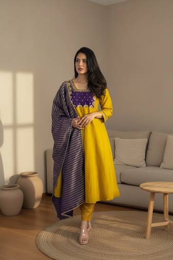 Embroidered Chanderi Flared Kurta Pant and Dupatta Set