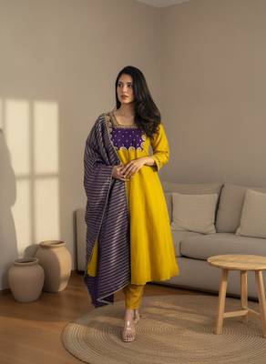 Embroidered Chanderi Flared Kurta Pant and Dupatta Set 1