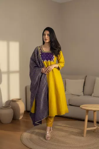 Embroidered Chanderi Flared Kurta Pant and Dupatta Set
