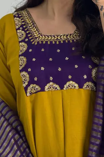 Embroidered Chanderi Flared Kurta Pant and Dupatta Set