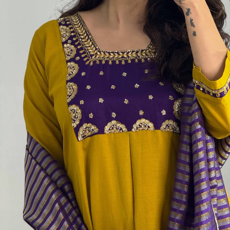 Embroidered Chanderi Flared Kurta Pant and Dupatta Set