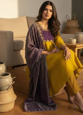 Embroidered Chanderi Flared Kurta Pant and Dupatta Set 3