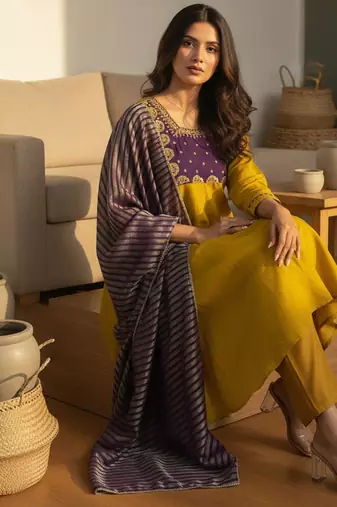 Embroidered Chanderi Flared Kurta Pant and Dupatta Set