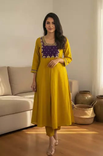 Embroidered Chanderi Flared Kurta Pant and Dupatta Set