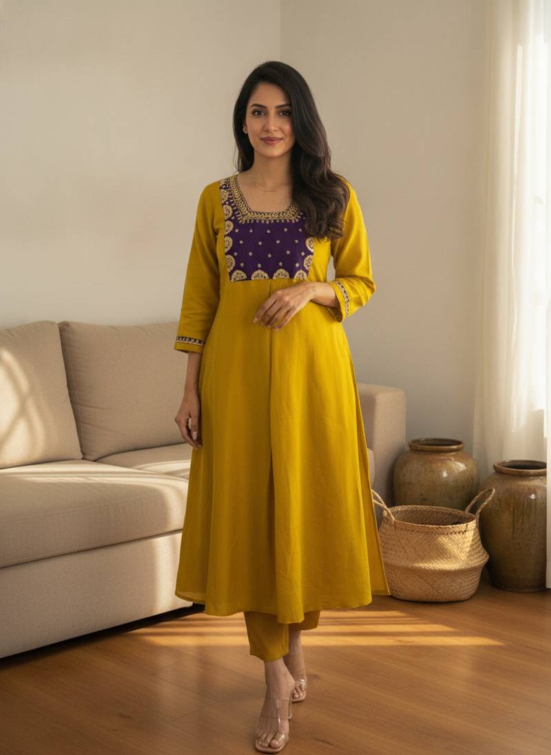 Embroidered Chanderi Flared Kurta Pant and Dupatta Set