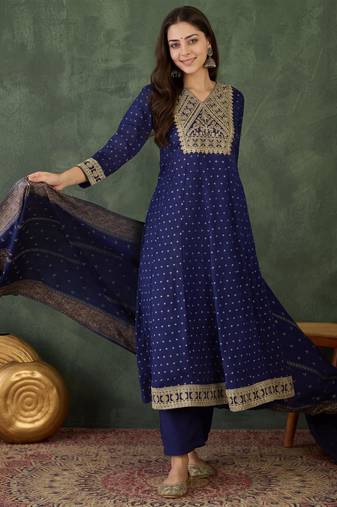 Women's Gorgeous Embroidery Work Vichitra Silk Fabric Flared Kurta Pant and Dupatta Set