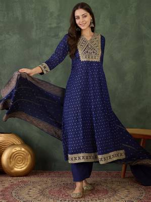 Women's Gorgeous Embroidery Work Vichitra Silk Fabric Flared Kurta Pant and Dupatta Set 1