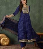 Women's Gorgeous Embroidery Work Vichitra Silk Fabric Flared Kurta Pant and Dupatta Set