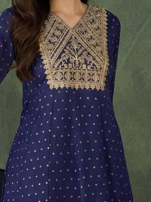Women's Gorgeous Embroidery Work Vichitra Silk Fabric Flared Kurta Pant and Dupatta Set 2