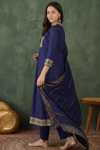 Women's Gorgeous Embroidery Work Vichitra Silk Fabric Flared Kurta Pant and Dupatta Set