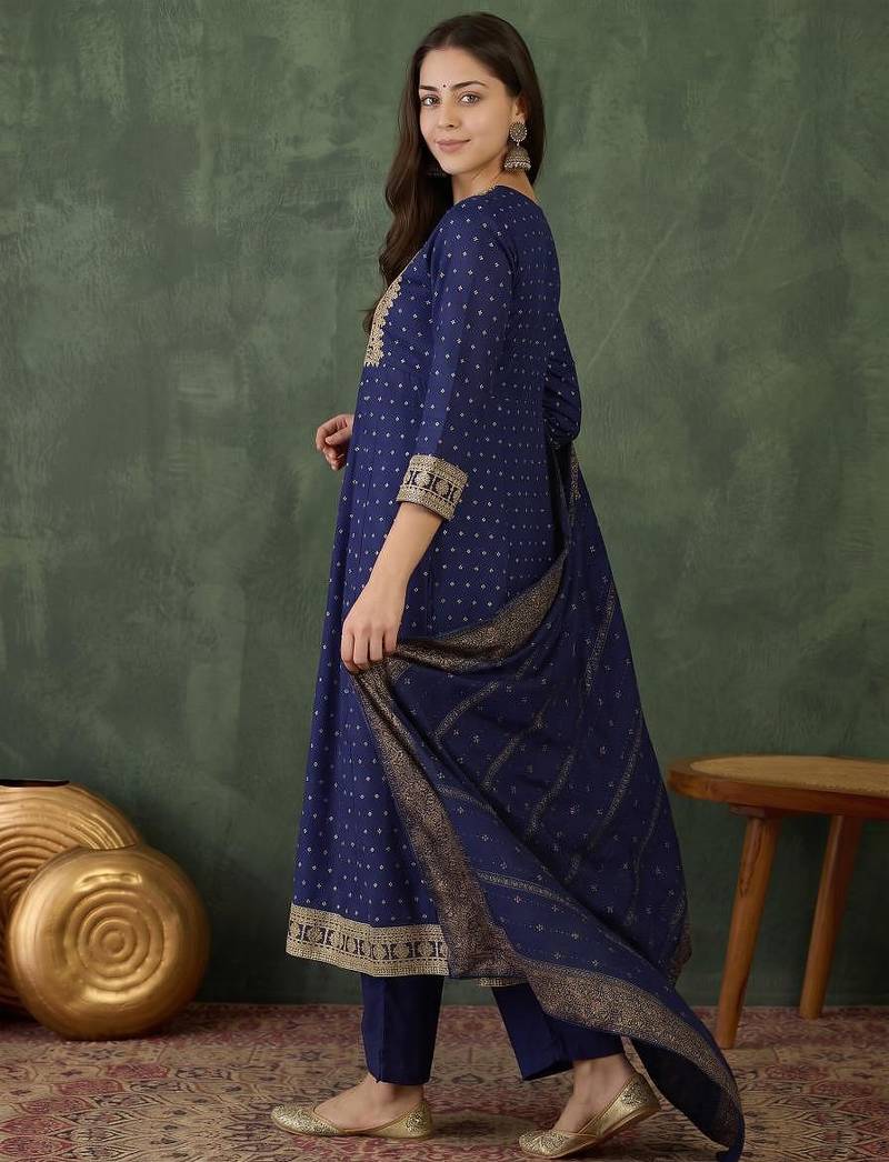 Women's Gorgeous Embroidery Work Vichitra Silk Fabric Flared Kurta Pant and Dupatta Set