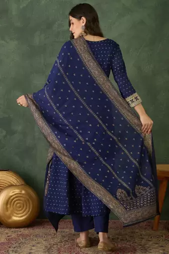 Women's Gorgeous Embroidery Work Vichitra Silk Fabric Flared Kurta Pant and Dupatta Set