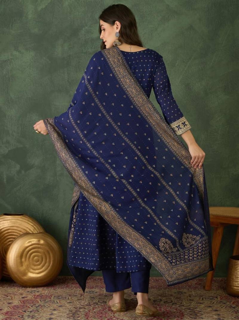Women's Gorgeous Embroidery Work Vichitra Silk Fabric Flared Kurta Pant and Dupatta Set