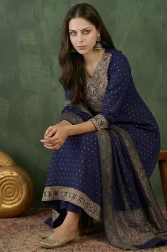 Women's Gorgeous Embroidery Work Vichitra Silk Fabric Flared Kurta Pant and Dupatta Set