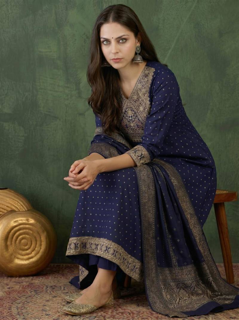 Women's Gorgeous Embroidery Work Vichitra Silk Fabric Flared Kurta Pant and Dupatta Set