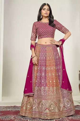 Rani Pink & Orange Embroidered Faux Georgette Lehenga Choli with Dupatta