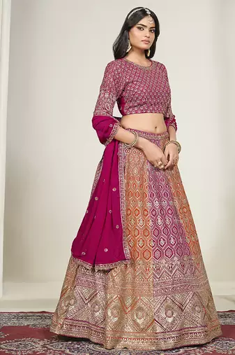 Rani Pink & Orange Embroidered Faux Georgette Lehenga Choli with Dupatta