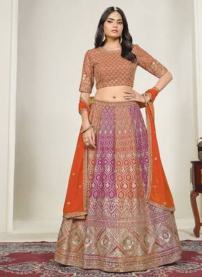 Orange & Rani Pink Embroidered Faux Georgette Lehenga Choli with Dupatta 1