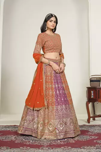 Orange & Rani Pink Embroidered Faux Georgette Lehenga Choli with Dupatta