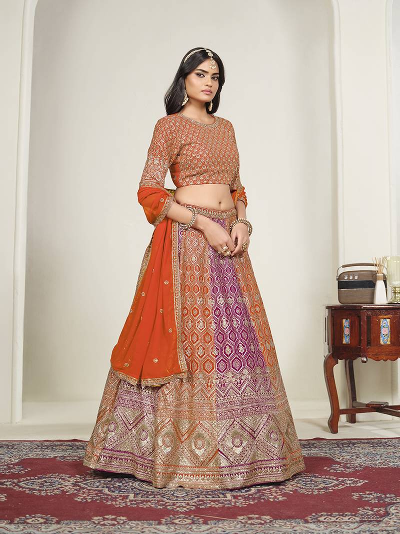 Orange & Rani Pink Embroidered Faux Georgette Lehenga Choli with Dupatta