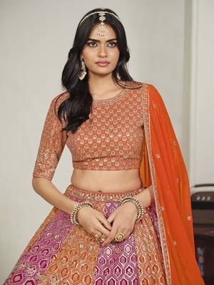 Orange & Rani Pink Embroidered Faux Georgette Lehenga Choli with Dupatta 4