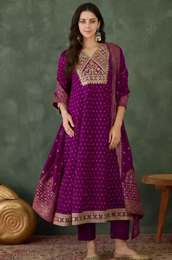 Embroidered Vichitra Silk Flared Kurta Pant and Dupatta Set