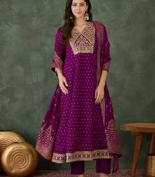 Embroidered Vichitra Silk Flared Kurta Pant and Dupatta Set