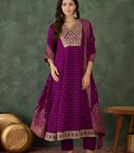 Embroidered Vichitra Silk Flared Kurta Pant and Dupatta Set