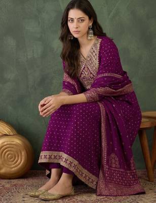 Embroidered Vichitra Silk Flared Kurta Pant and Dupatta Set 2
