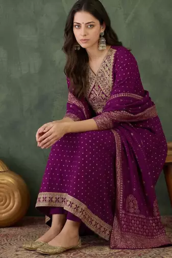Embroidered Vichitra Silk Flared Kurta Pant and Dupatta Set
