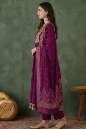 Embroidered Vichitra Silk Flared Kurta Pant and Dupatta Set