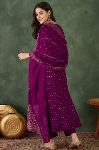 Embroidered Vichitra Silk Flared Kurta Pant and Dupatta Set