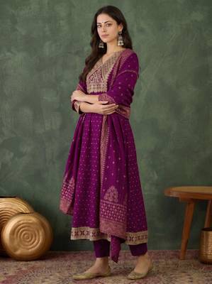Embroidered Vichitra Silk Flared Kurta Pant and Dupatta Set 5
