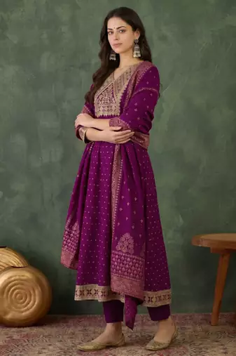 Embroidered Vichitra Silk Flared Kurta Pant and Dupatta Set