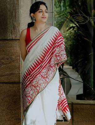 White linen geometric printed casual saree with blouse piece 3