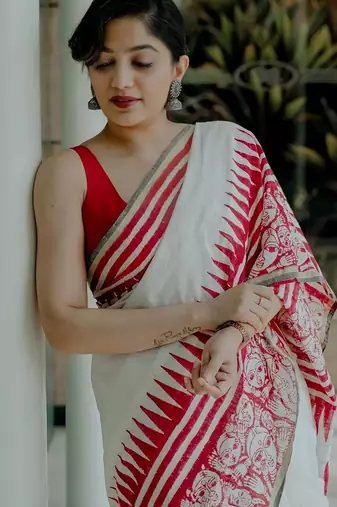 White linen geometric printed casual saree with blouse piece