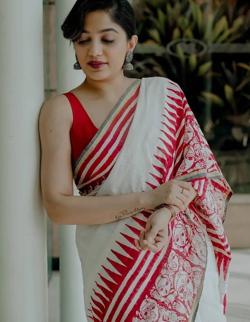 White linen geometric printed casual saree with blouse piece
