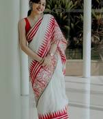 White linen geometric printed casual saree with blouse piece